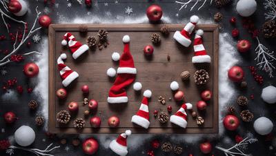 The primary subject of the image is a wooden table with a variety of fruits and Christmas hats placed on it. The table is set against a black background, which adds a dramatic effect to the scene. The visual style of the image is a combination of photo and digital art, creating a unique and festive atmosphere. The dominant colors in the image are red and white, which are associated with Christmas and the fruits on the table. The overall mood of the image is cheerful and celebratory, with the fruits and h